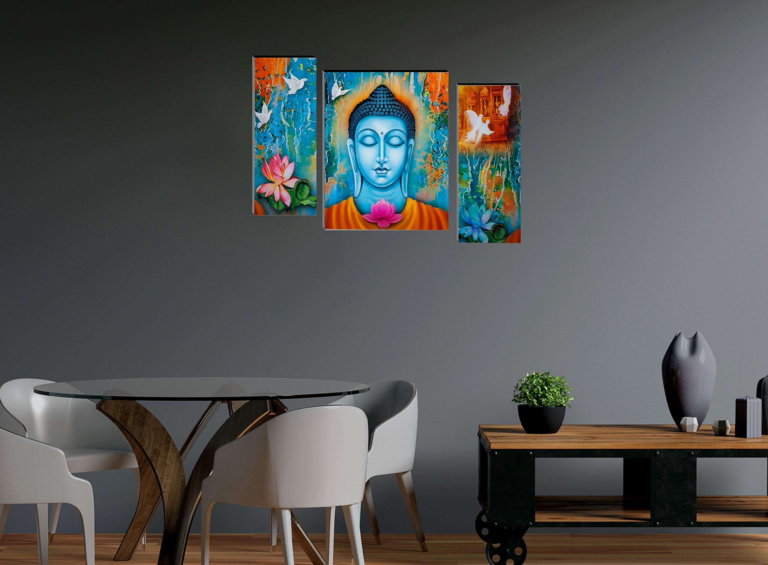 Indianara Set Of 3 Gautam Buddha Mdf Art Painting (3488 Fla) Without Glass 4.5 X 12, 9 X 12, 4.5 X 12 Inch